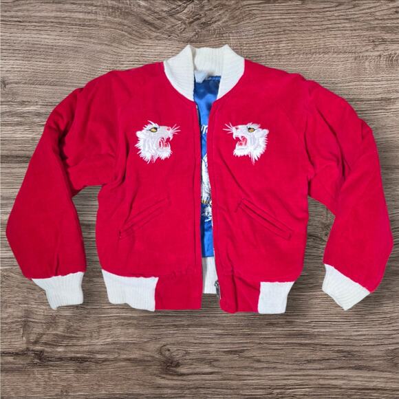 1950s Japan Sukajan Kids Jacket Reversible Red Velvet Blue Satin Tiger Eagle - Picture 2 of 15
